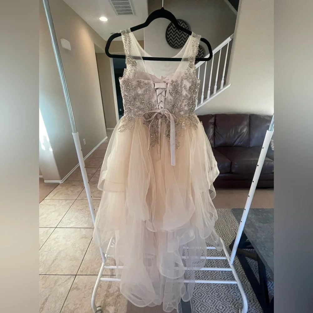 Girls' Special Occasion Tulle Tiered Dress with lace appliqué.